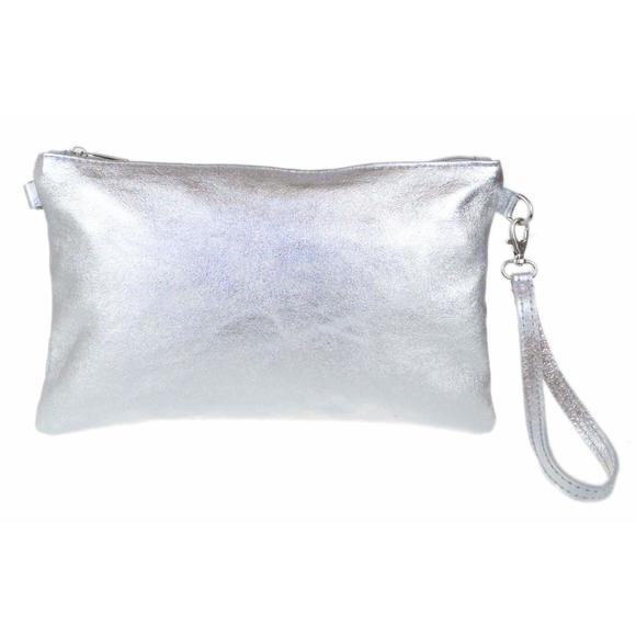 Genuine Italian Metallic Leather Clutch Bag Silver >:( - Picture 1 of 6